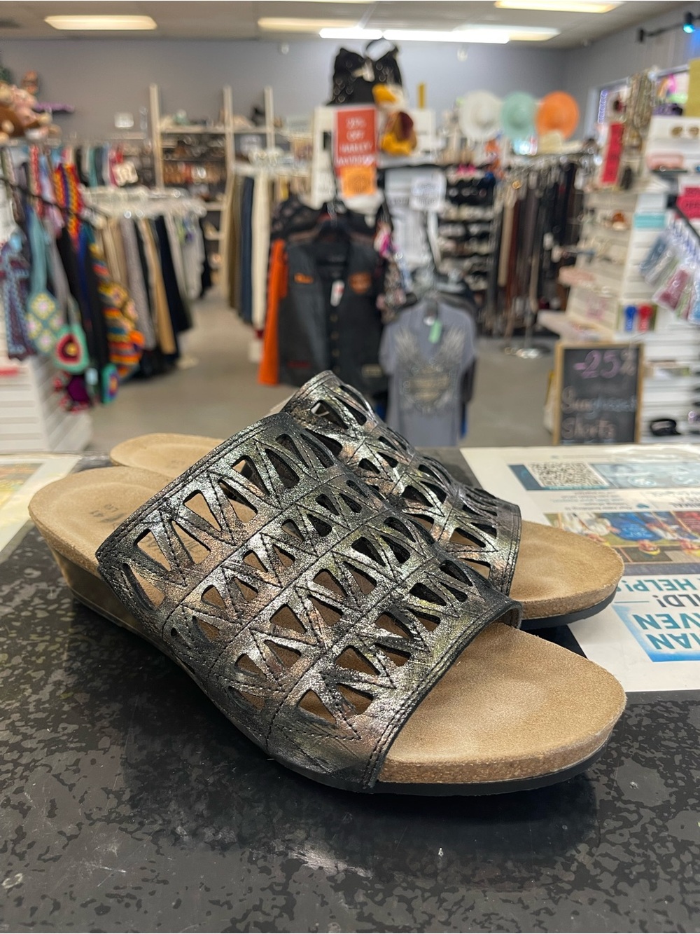 Naot Metallic Pewter Laser-Cut Slide Sandals